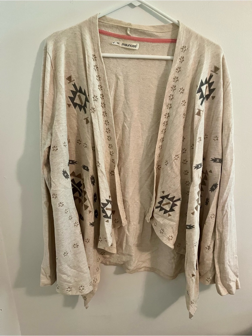 Maurices Cream Open-Front Cardigan with Aztec Print